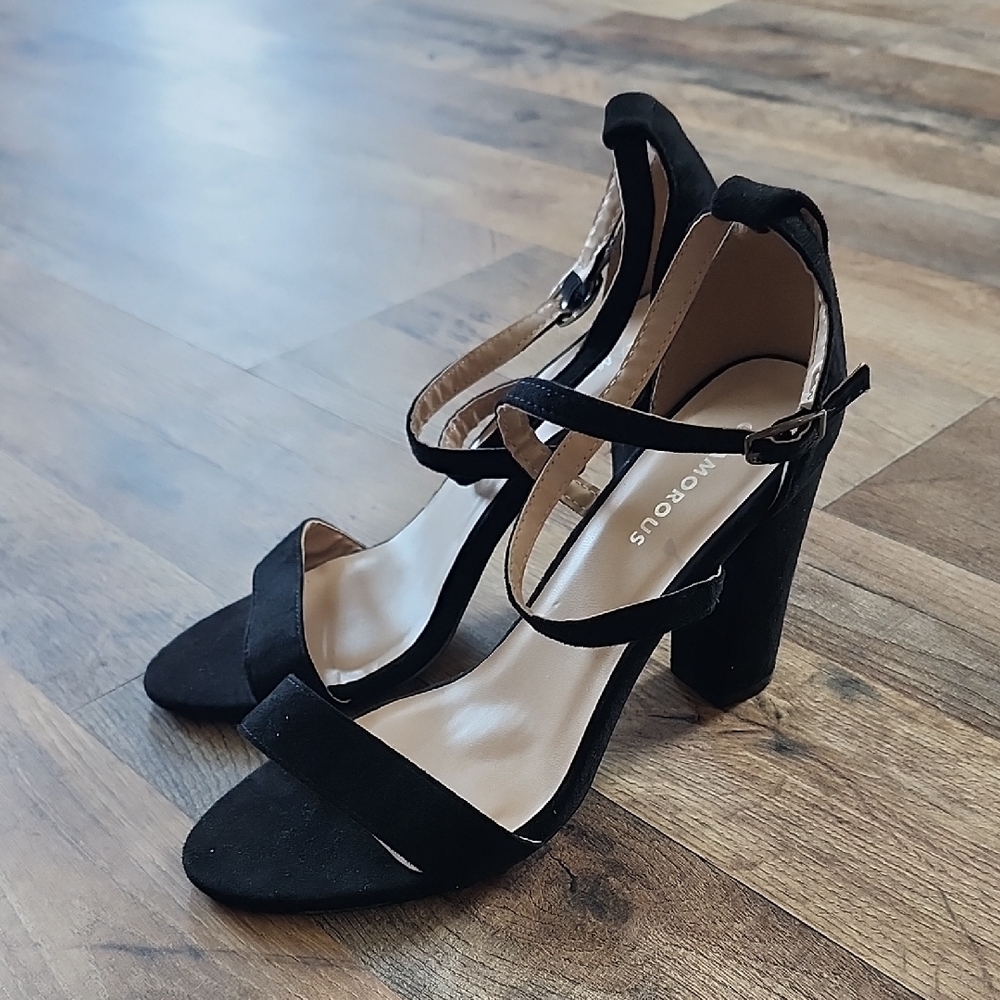 Glamorous Black Strappy Block Heels